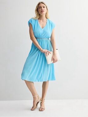 INTEMPO Plisse Midi Dress Accordion Pleated V Neck Blue Size Small